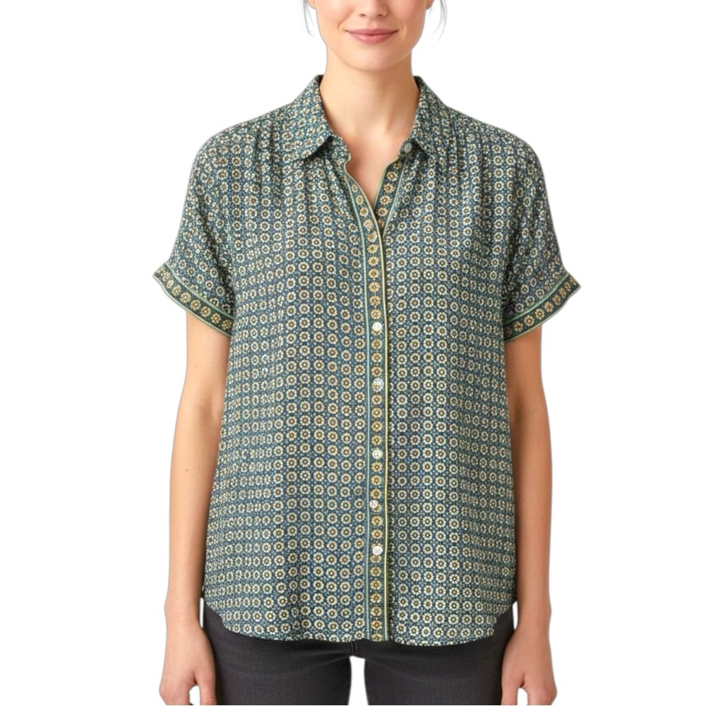 Max Studio Sz MEDIUM Green Yellow Geometric Patterned Button Down Shirt